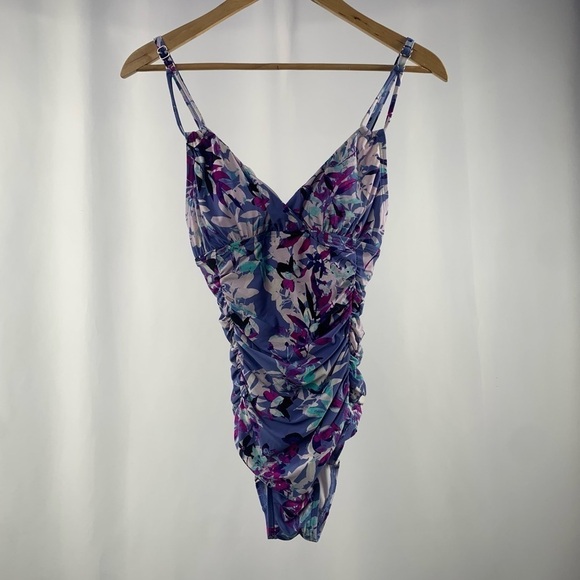 Calvin Klein Floral V Neck One Piece Swimsuit Bathing Suit in Blue Purple Size 4 - Picture 1 of 4